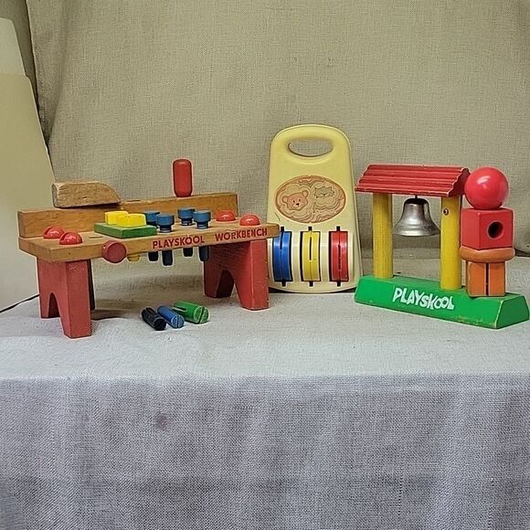 1970’s Vintage Wood PlaySkool Work Bench, Bell Stacker, Roller Chimes - Picture 1 of 12